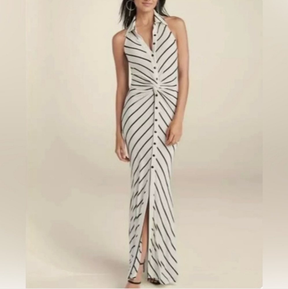 Venus Black and White Striped Halter Maxi Dress